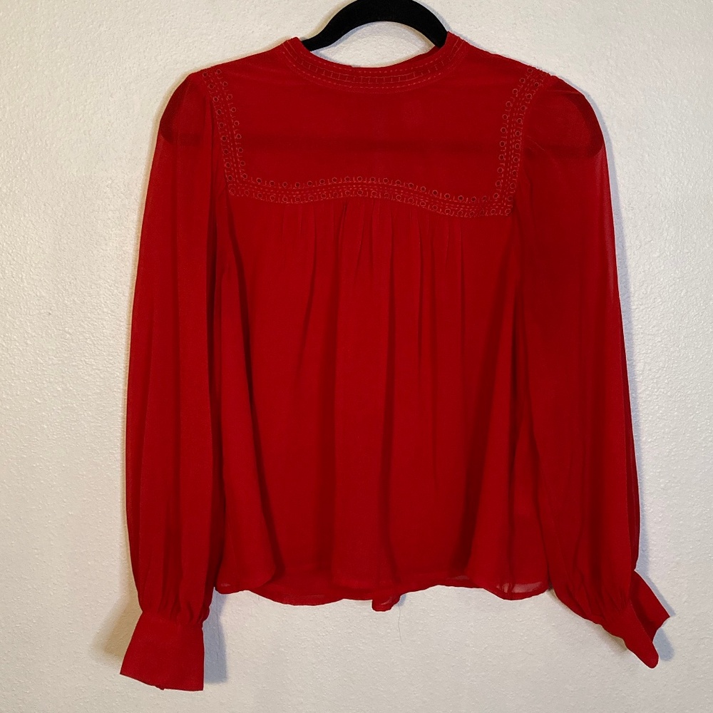 gap embroidered sheer bishop sleeve mock neck blouse